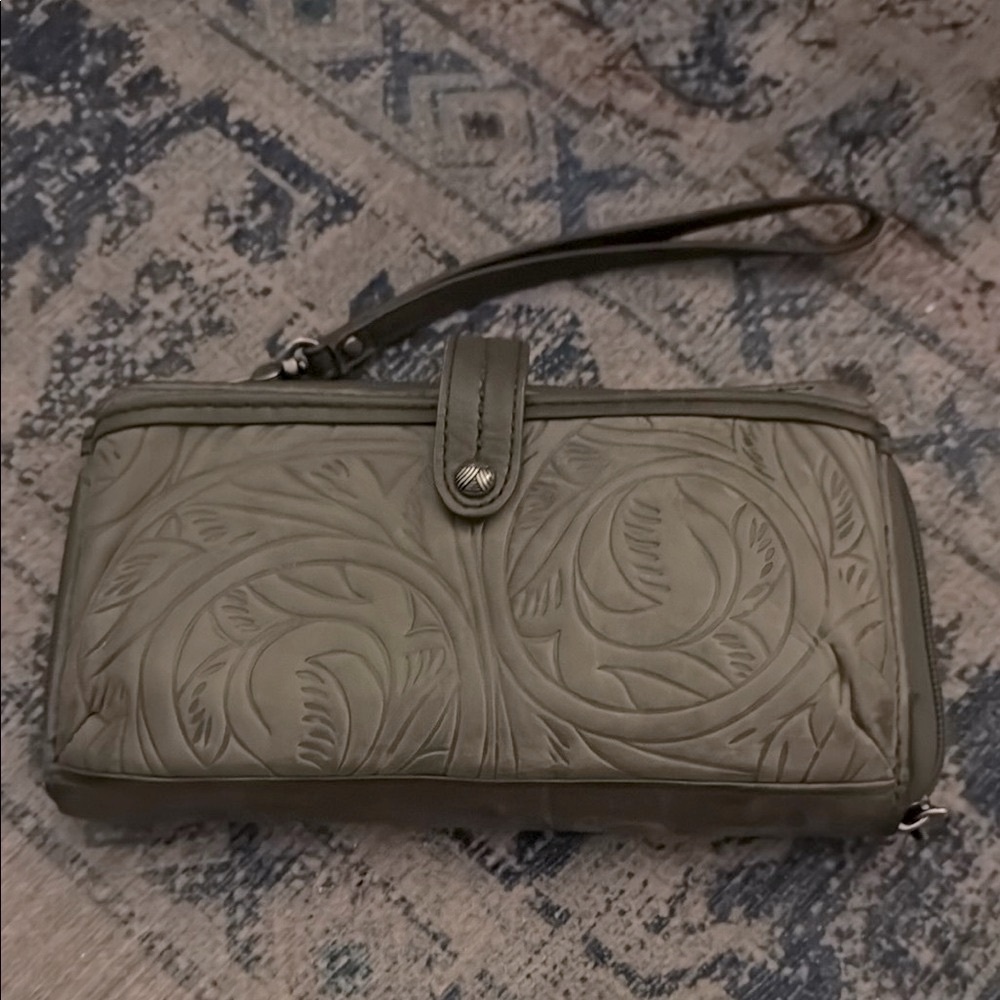 Embossed Gray Leather Wristlet
